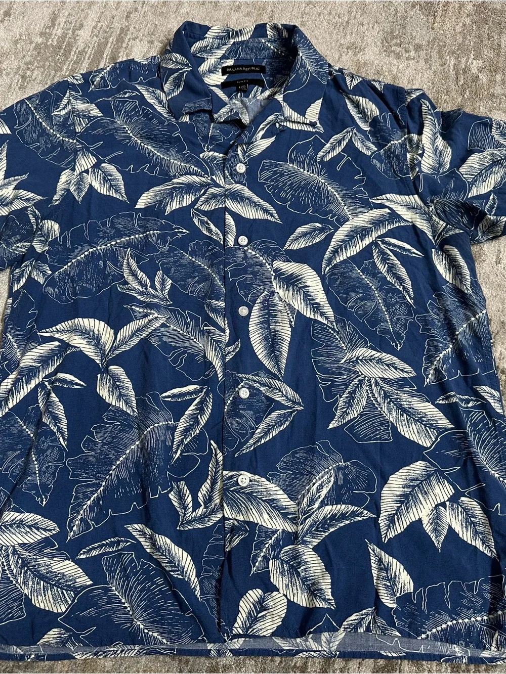 Banana Republic Men’s Navy Blue Button-Down with White Tropical Leaf Print